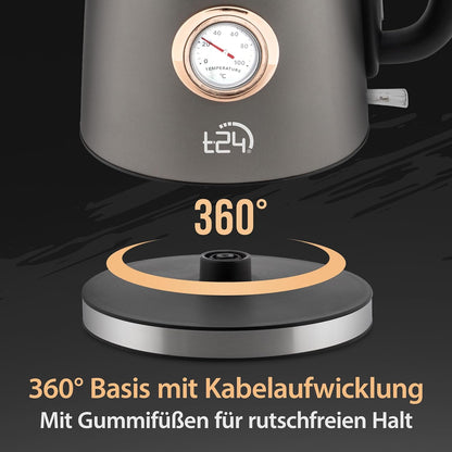 Edelstahl Retro Wasserkocher Vintage Design in Grau Matt mit Analogen Thermometer, 1,7 Liter