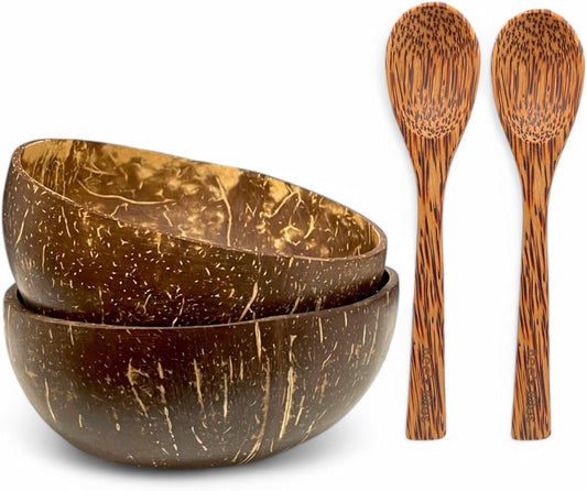 Kokosnuss 4tlg. Schalen Set – 2 Bowl Schüssel + 2 Löffel – Handgefertigt