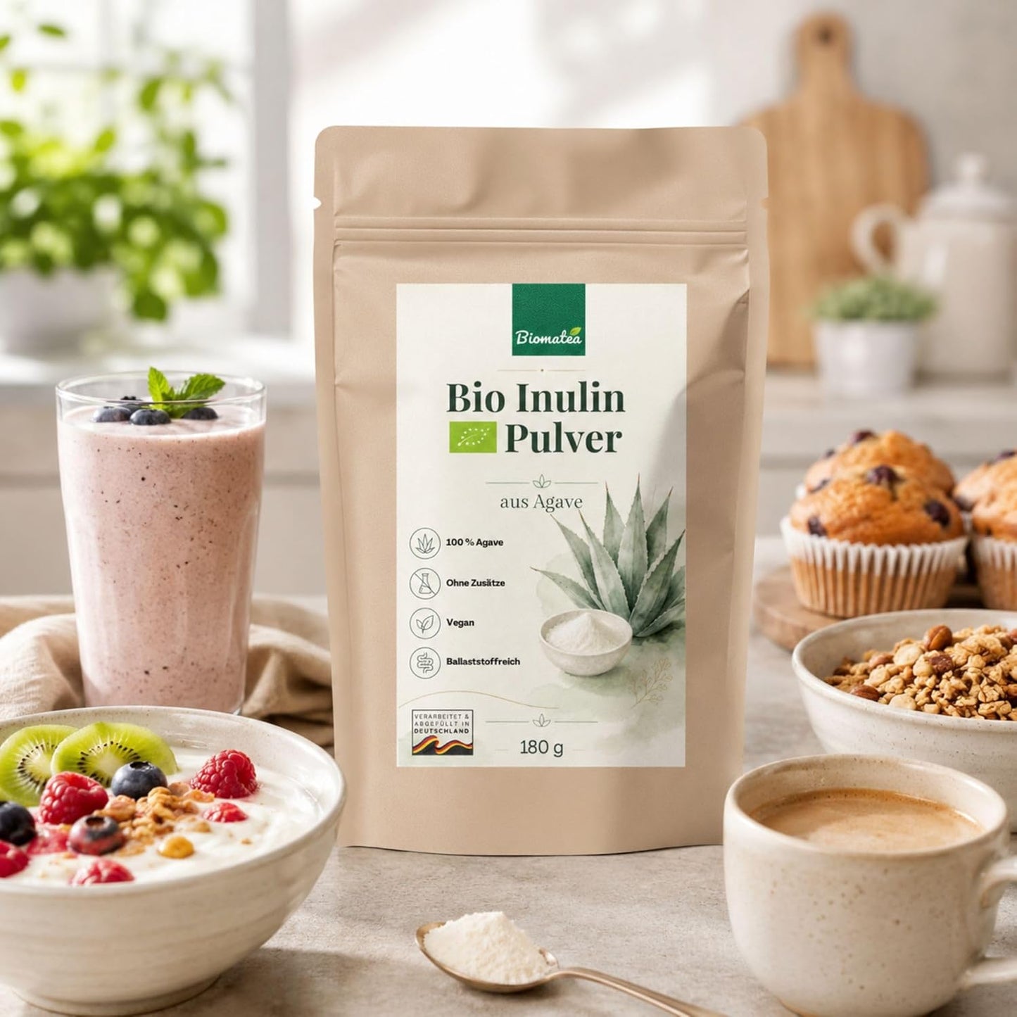 Bio Inulin Pulver aus Agave 180g – Ballaststoffreiches Inulin Pulver, vegan, ohne Zusätze, fein lösl, 180gich