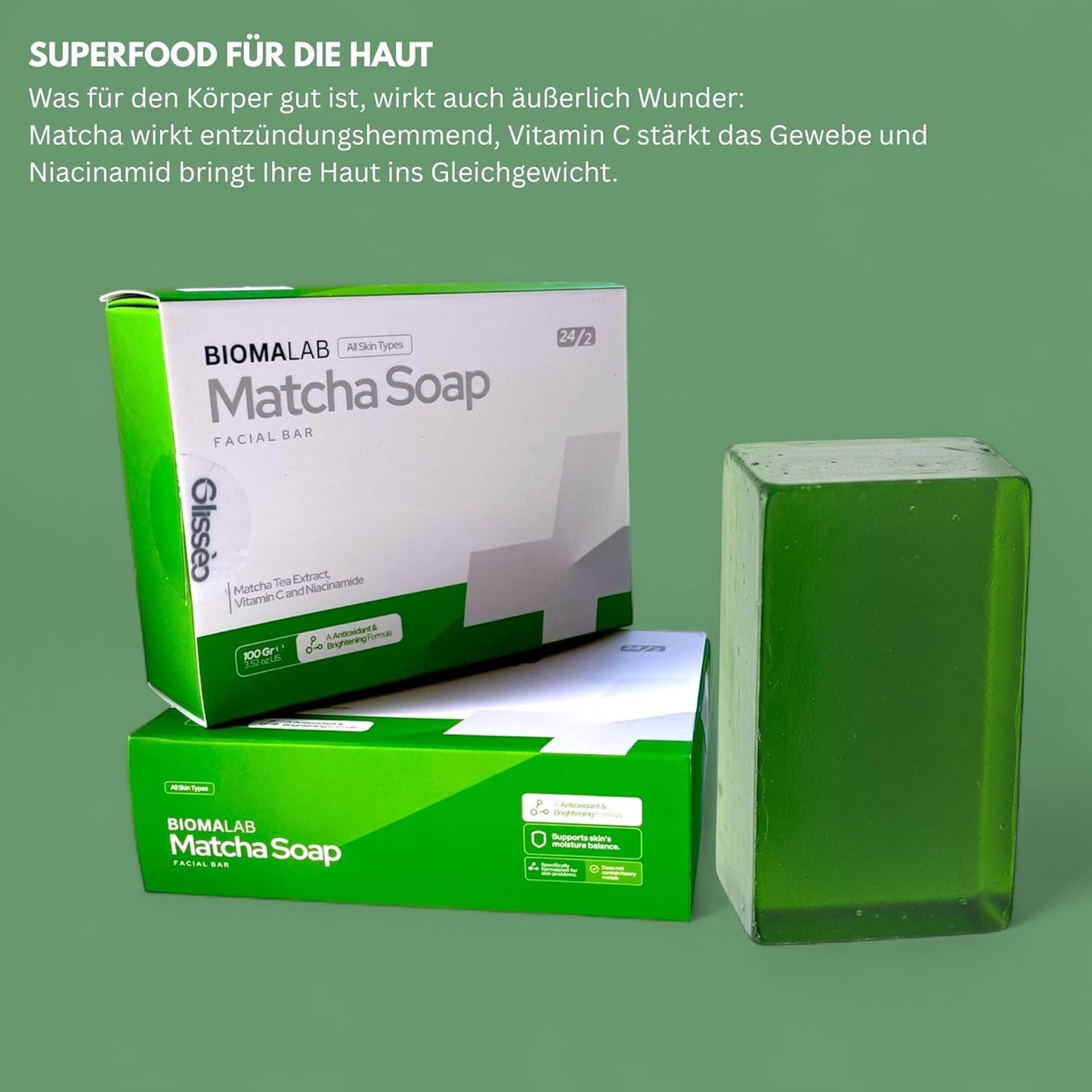 Matcha Gesichtsseife – mit Vitamin C & Niacinamid – Für klare, strahlende Haut – Vegane Pflege für alle Hauttypen – 100g