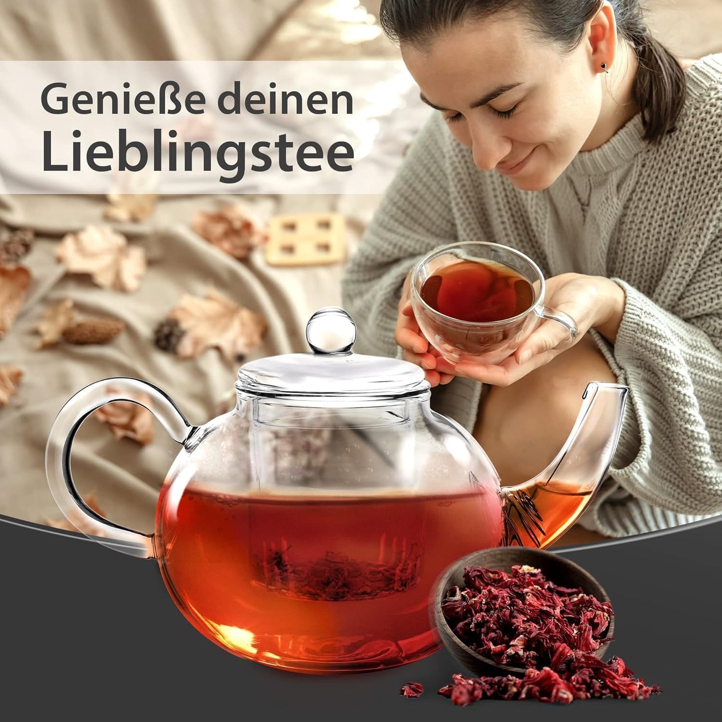 Glas Teekanne mit Teesieb & Glasfilter 900ml