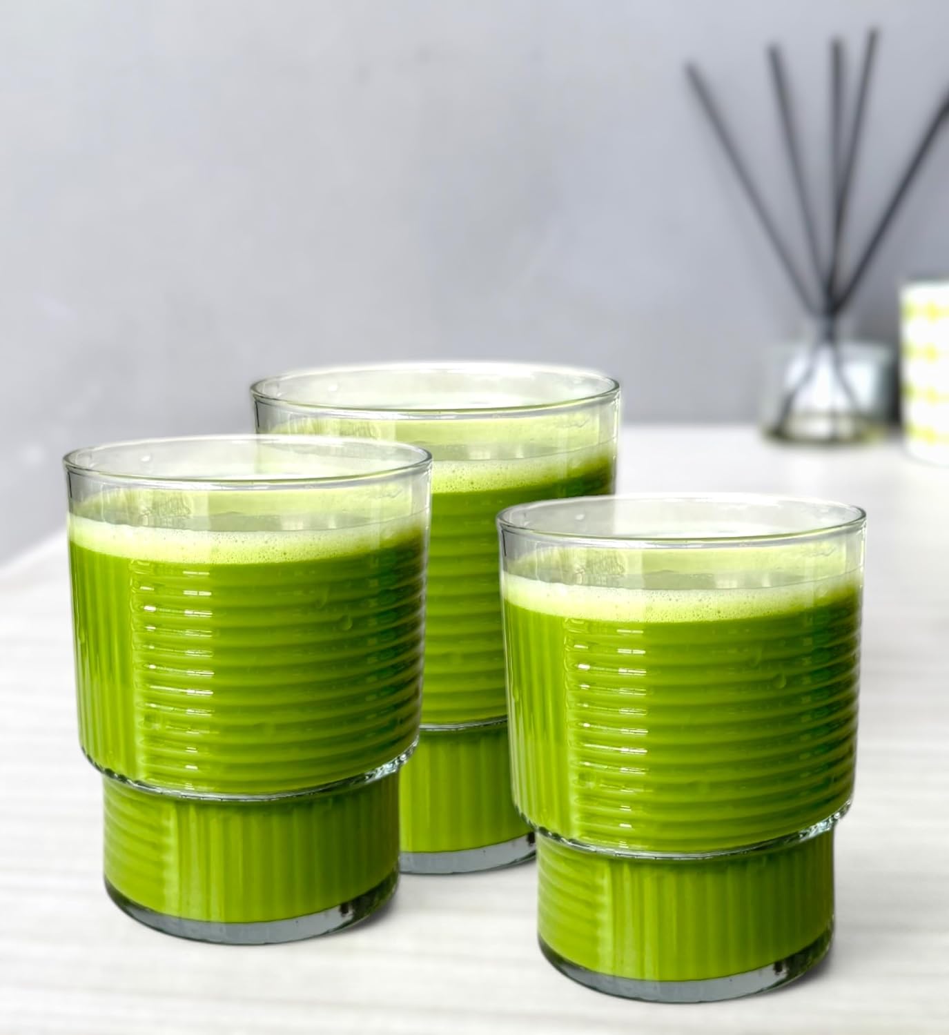 6 Stück Gläser Set | 325 ml Matcha-Gläser | Rippen-Glas mit geometrischem Muster | Glas für Matcha Smooties Wasser Softdrink, Trinkgläser, STAPELBAR