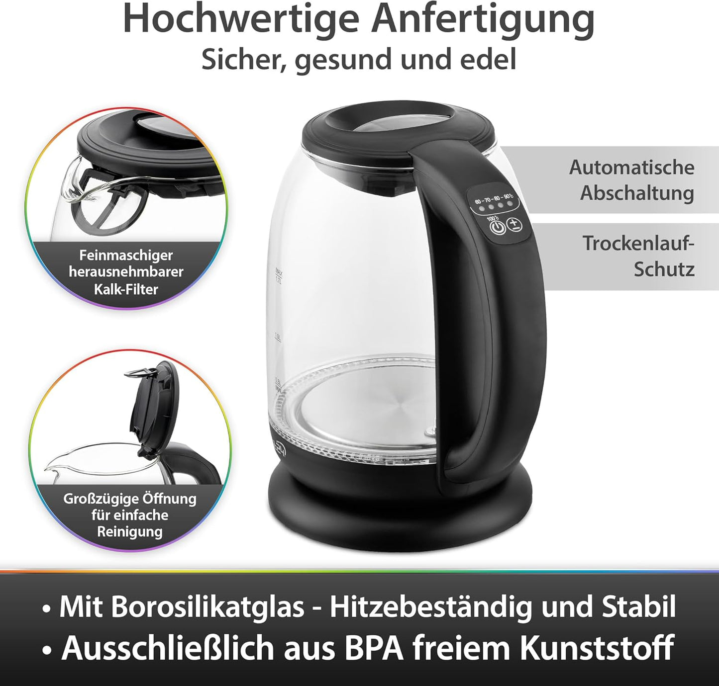Glass kettle, 1.7 liters, temperature selection 60-70-80-90-100°C