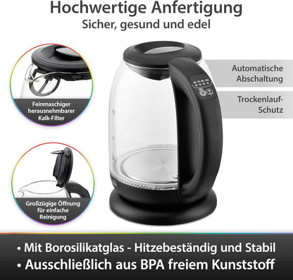 Glass kettle, 1.7 liters, temperature selection 60-70-80-90-100°C