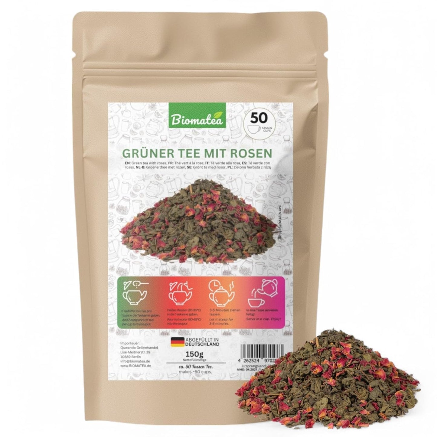 Grüner Tee mit echten Rosenblättern, 150 g
