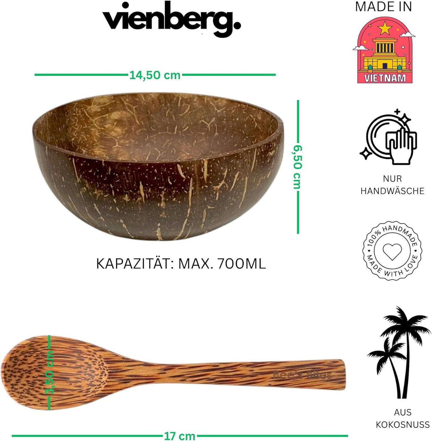 Bee´s Bites Kokosnuss Schalen Set – 2x Kokos-Bowl Schüssel + 2x Löffel – Handgefertigt, Vegan, Natürlich, Chemiefrei, Plastikfrei – Perfekt für Smoothie Bowls.