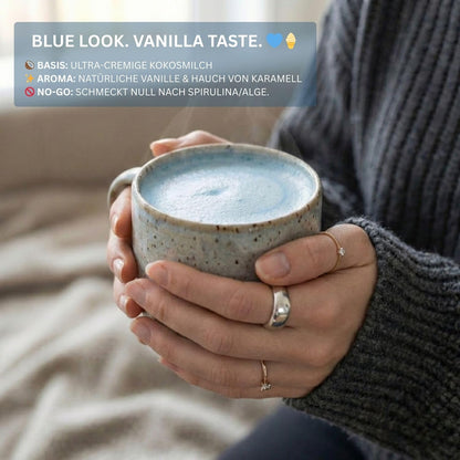 Biomatea Blue Moon Milk Vanille Latte – Blue Spirulina Latte Mix mit Kokosmilch & echter Vanille, 100g Dose