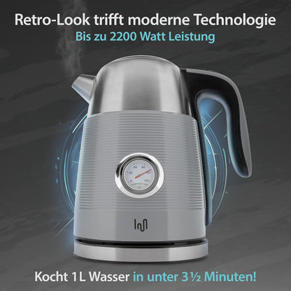 Retro Edelstahl Wasserkocher 1.7L mit Analogen Thermometer