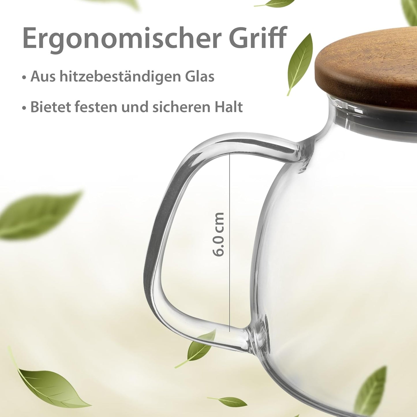 Glas Teekanne mit Siebeinsatz & Holzdeckel 580ml