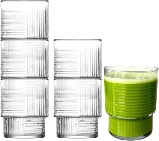6 Stück Gläser Set | 325 ml Matcha-Gläser | Rippen-Glas mit geometrischem Muster | Glas für Matcha Smooties Wasser Softdrink, Trinkgläser, STAPELBAR