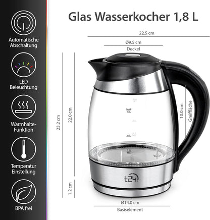 Glas Wasserkocher 1.8L mit abnehmbares Teesieb Temperatureinstellung