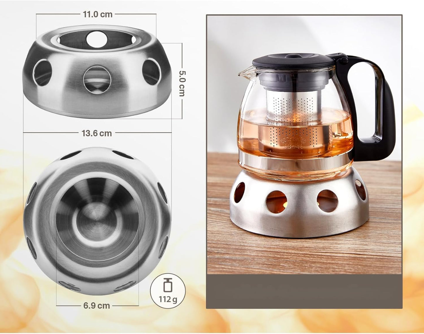 Glas Teekanne aus Glas mit Stövchen + Siebaufsatz, Hitzebeständig, herausnehmbaren Edelstahl Filter Sieb