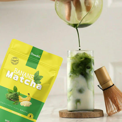 Japanischer Matcha Pulver mit Bananen Pulver, gesüßt – 100g – Sofort löslich in Wasser oder Milch, trinkfertig