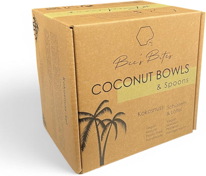 Bee´s Bites Kokosnuss Schalen Set – 2x Kokos-Bowl Schüssel + 2x Löffel – Handgefertigt, Vegan, Natürlich, Chemiefrei, Plastikfrei – Perfekt für Smoothie Bowls.