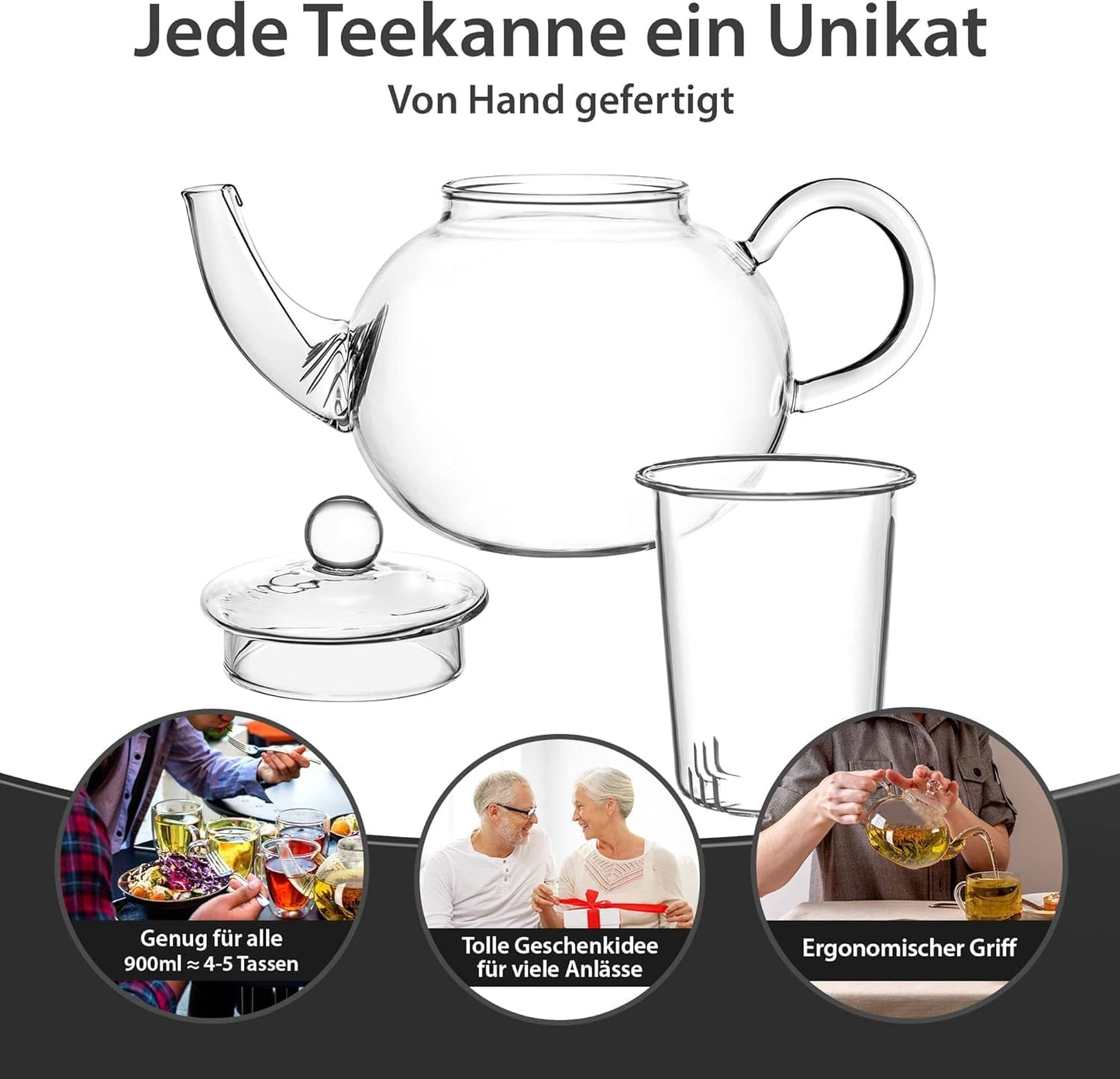 Glas Teekanne mit Teesieb & Glasfilter 900ml