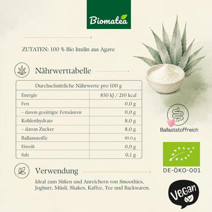 Bio Inulin Pulver aus Agave 180g – Ballaststoffreiches Inulin Pulver, vegan, ohne Zusätze, fein lösl, 180gich