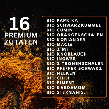 Bio Baharat Gewürzmischung – Orientalische 16 Gewürze Komposition – Made in Germany – Fein gemahlenes Premium Gewürzpulver, 150g