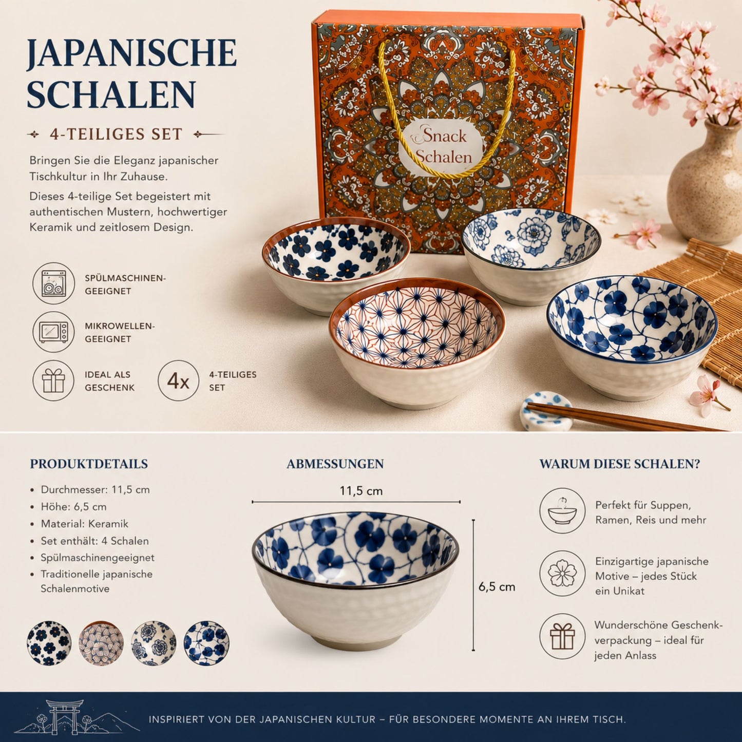 Japanische Schalen 4er Set mit Geschenkbox | Keramik Snackschalen, Reisschale, Ramen Schale