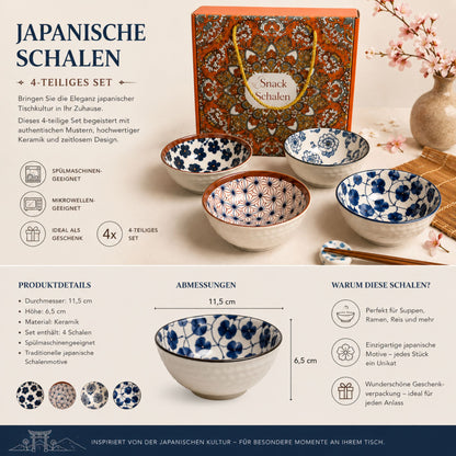 Japanische Schalen 4er Set mit Geschenkbox | Keramik Snackschalen, Reisschale, Ramen Schale