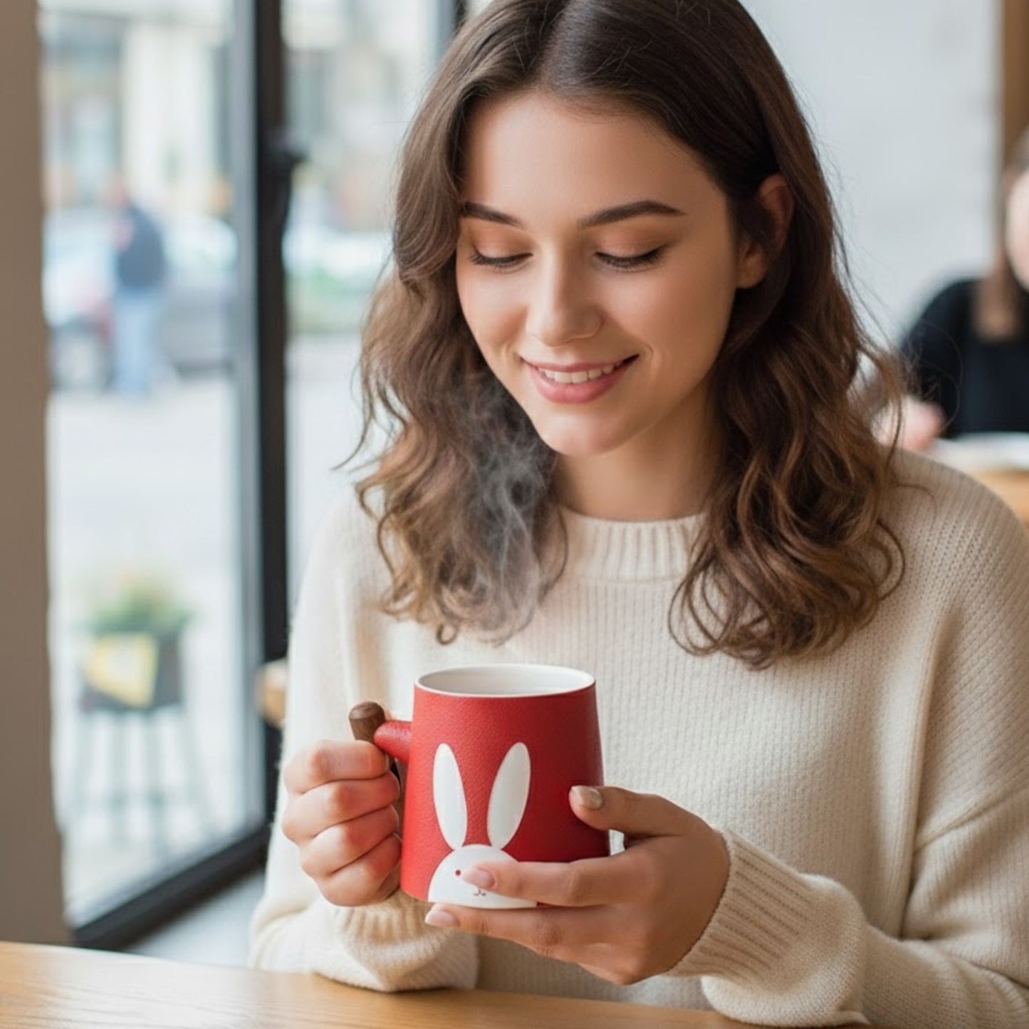 Keramik Teetasse mit Holzgriff | 360 ml Hasen-Design Becher | mit Keramik Teesieb & Deckel