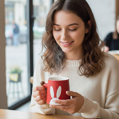 Keramik Teetasse mit Holzgriff | 360 ml Hasen-Design Becher | mit Keramik Teesieb & Deckel