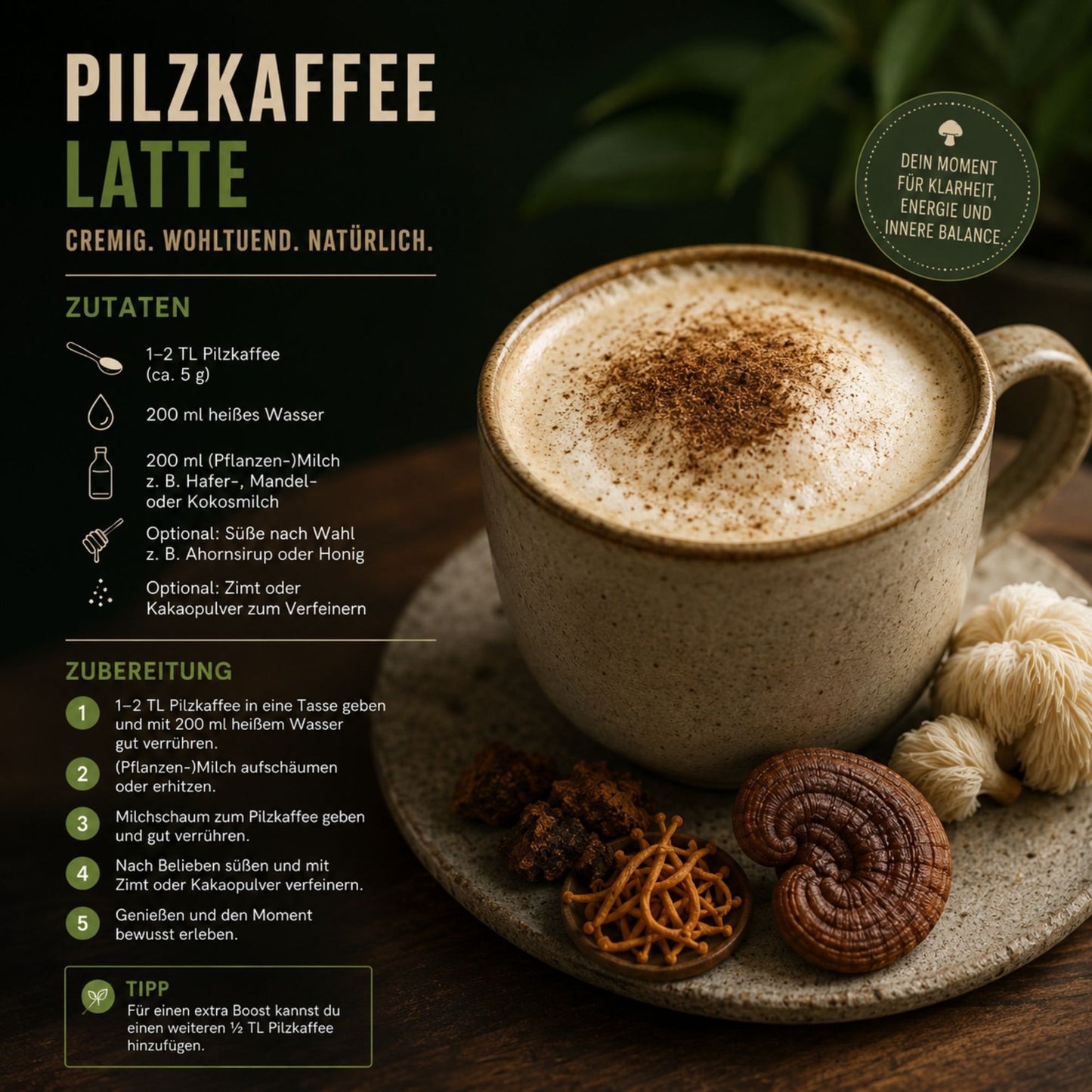 Biomatea Pilzkaffee Mushroom Coffee 150g | Löslicher Kaffee mit Kokosmilch & 4 Pilzextrakten