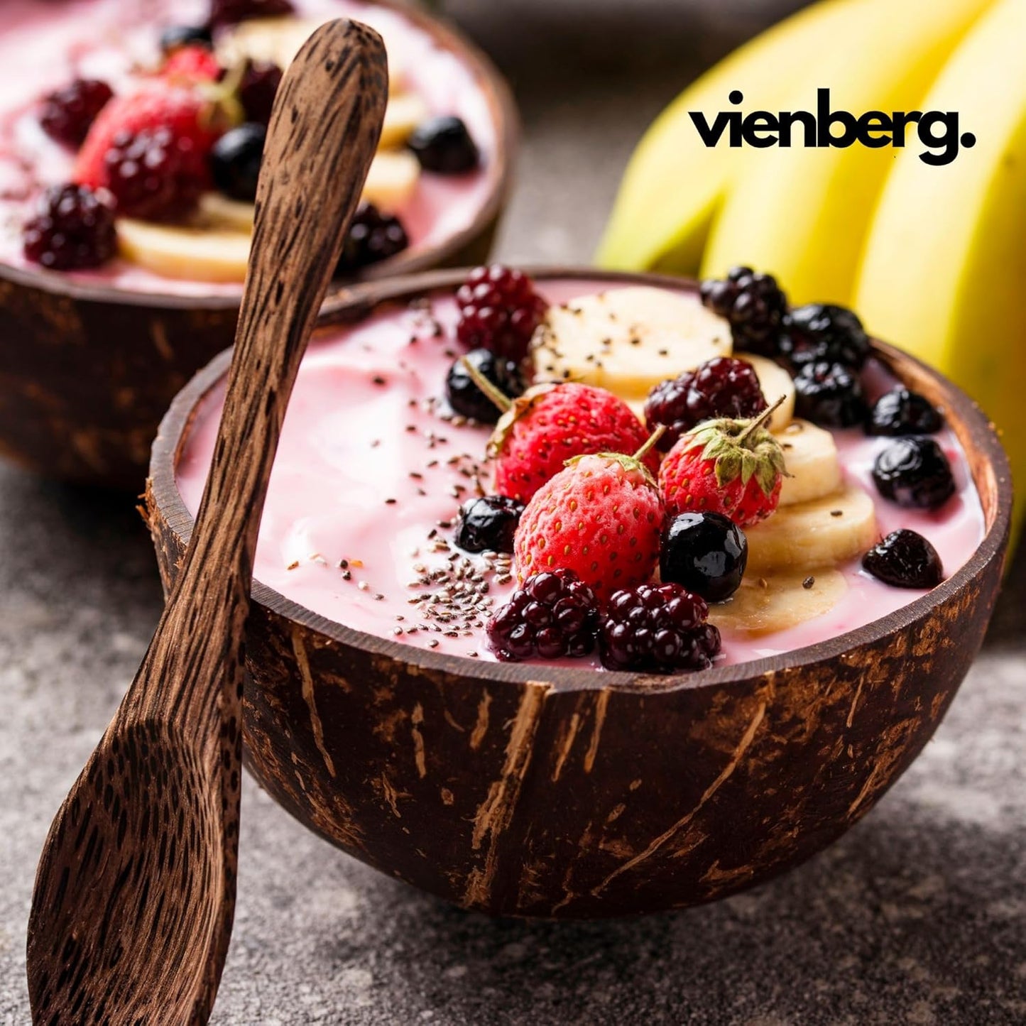 Bee´s Bites Kokosnuss Schalen Set – 2x Kokos-Bowl Schüssel + 2x Löffel – Handgefertigt, Vegan, Natürlich, Chemiefrei, Plastikfrei – Perfekt für Smoothie Bowls.