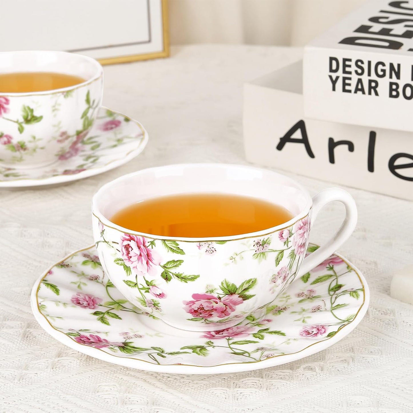 Teetassen Set 2er – Vintage Floral Blumen Porzellan Tassen & Untertassen mit Löffel, 200 ml
