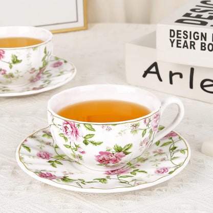 Teetassen Set 2er – Vintage Floral Blumen Porzellan Tassen & Untertassen mit Löffel, 200 ml