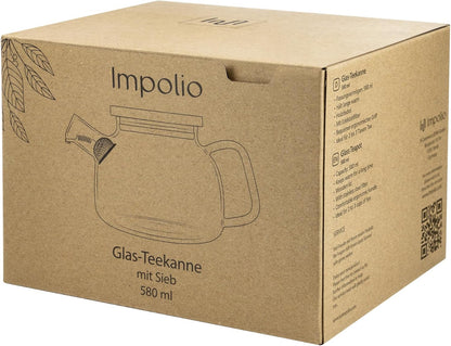 Glas Teekanne mit Siebeinsatz & Holzdeckel 580ml