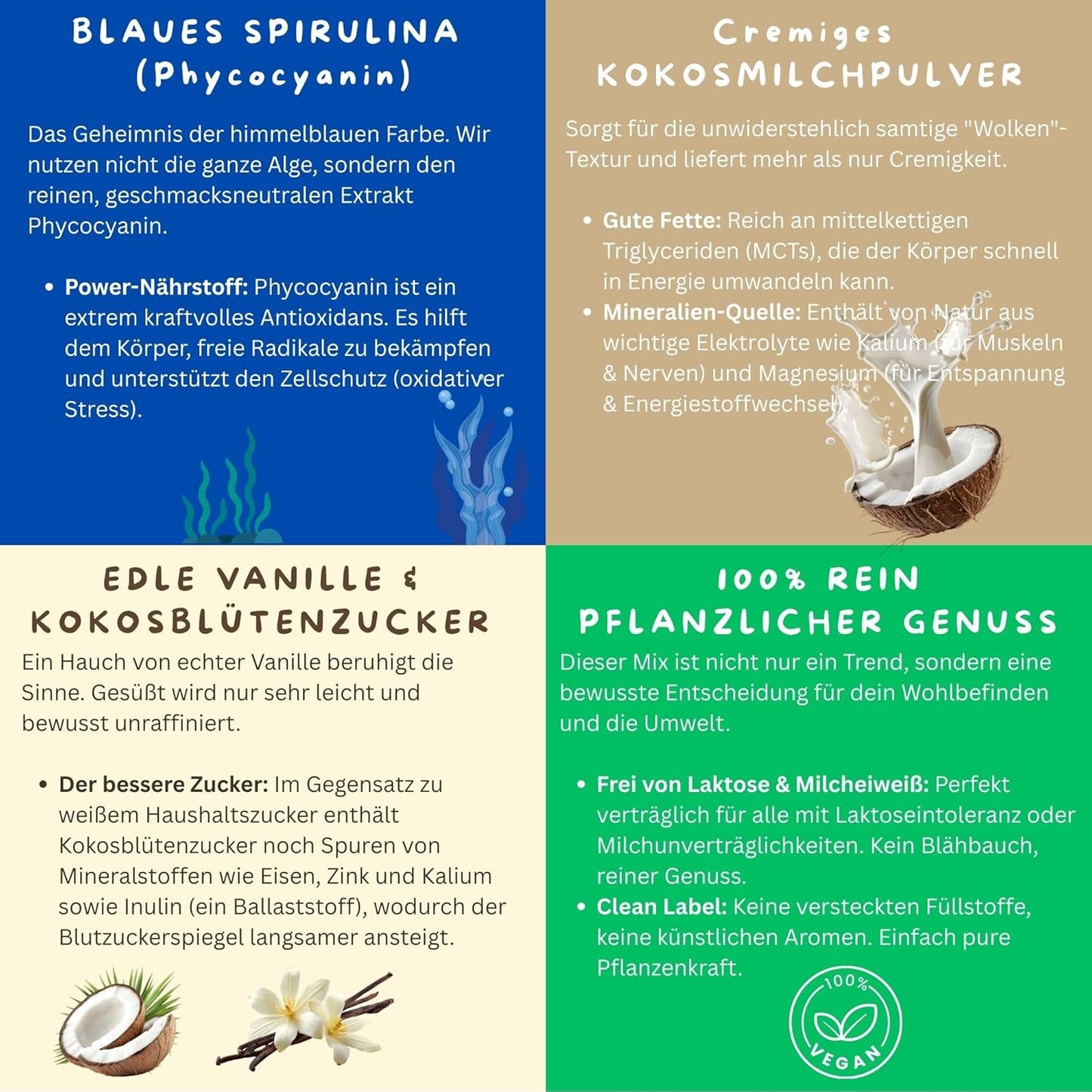 Biomatea Blue Moon Milk Vanille Latte – Blue Spirulina Latte Mix mit Kokosmilch & echter Vanille, 100g Dose