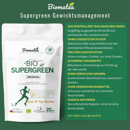 Bio Superfood Pulver Grün – Supergreen mit Matcha, Gerstengras, Weizengras, Moringa, Chlorella & Spirulina – Ballaststoffreich – Vegan, ohne Zuckerzusatz – 100 g