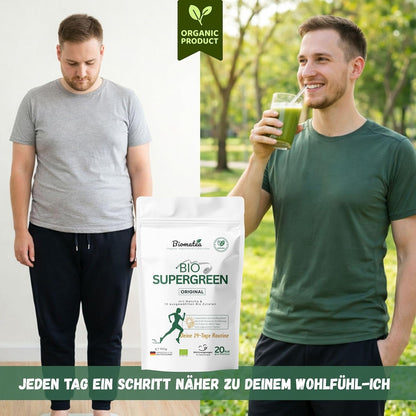 Bio Superfood Pulver Grün – Supergreen mit Matcha, Gerstengras, Weizengras, Moringa, Chlorella & Spirulina – Ballaststoffreich – Vegan, ohne Zuckerzusatz – 100 g