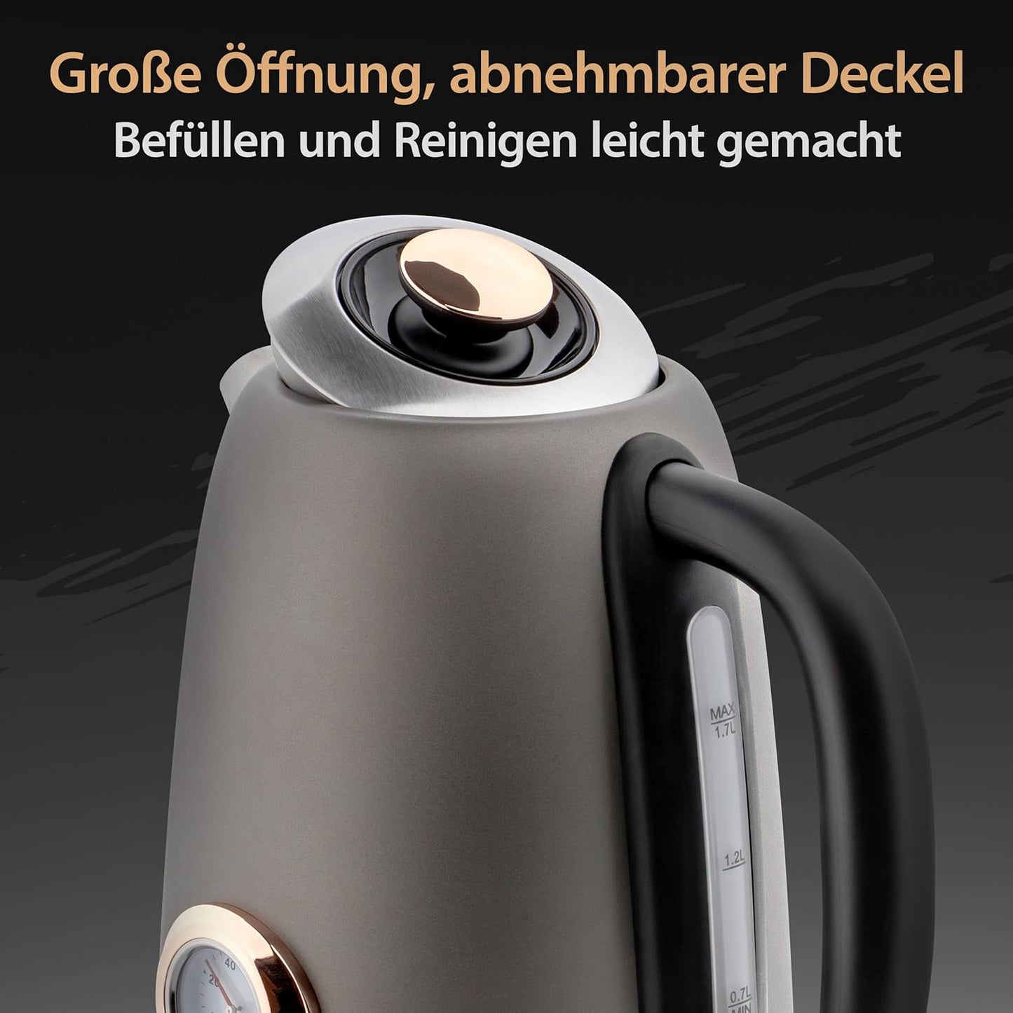 Edelstahl Retro Wasserkocher Vintage Design in Grau Matt mit Analogen Thermometer, 1,7 Liter