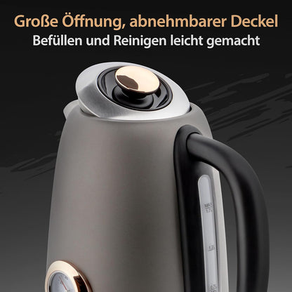 Edelstahl Retro Wasserkocher Vintage Design in Grau Matt mit Analogen Thermometer, 1,7 Liter