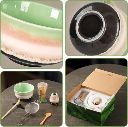 Japanisches Matcha-Set, 7-teilig – Handgefertigtes Keramikset für die traditionelle Teezeremonie, Grün