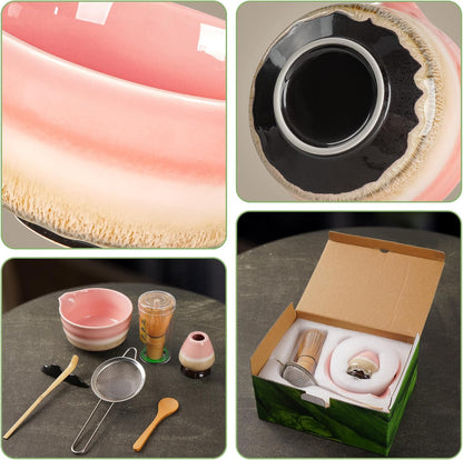 Japanisches Matcha-Set, 7-teilig – Handgefertigtes Keramikset für die traditionelle Teezeremonie, Pink