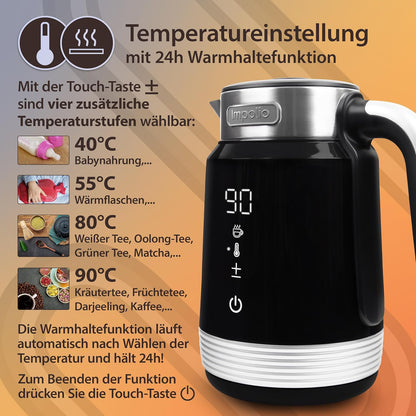 Retro Novo Wasserkocher Doppelwandig Edelstahl 1.7 Liter, 2200W, Schwarz-Silber