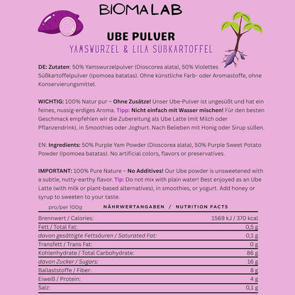 Biomalab Ube Pulver (50g) – 100% Natürliche Yamswurzel & Lila Süßkartoffel – Premium Purple Yam Powder – Vegan, Glutenfrei & Ohne Zuckerzusatz – Ideal für Ube Latte
