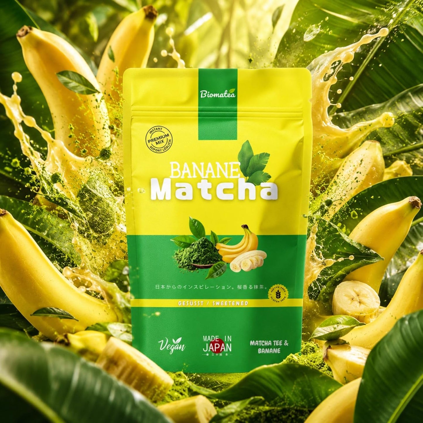 Japanischer Matcha Pulver mit Bananen Pulver, gesüßt – 100g – Sofort löslich in Wasser oder Milch, trinkfertig