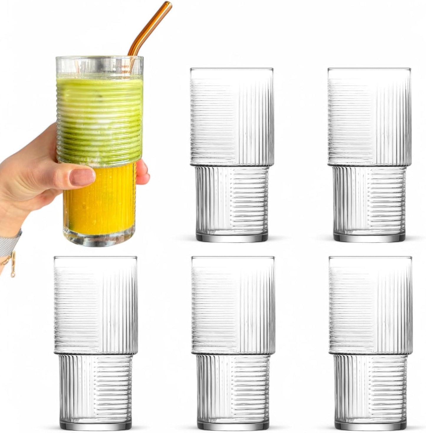 6 Stück Gläser Set | 400 ml Matcha-Gläser | Rippen-Glas mit geometrischem Muster | Glas für Matcha Smooties Wasser Softdrink, Trinkgläser, STAPELBAR (Kopie)