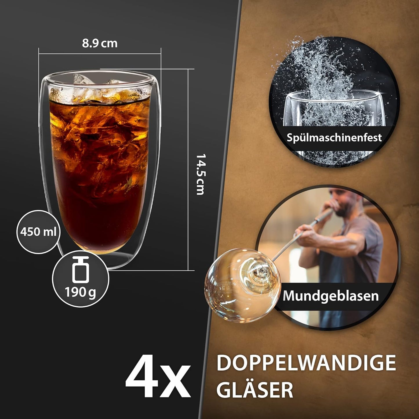 4tlg. 450ml Set doppelwandige Latte Macchiato, Tee Gläser mit Schwebeeffekt