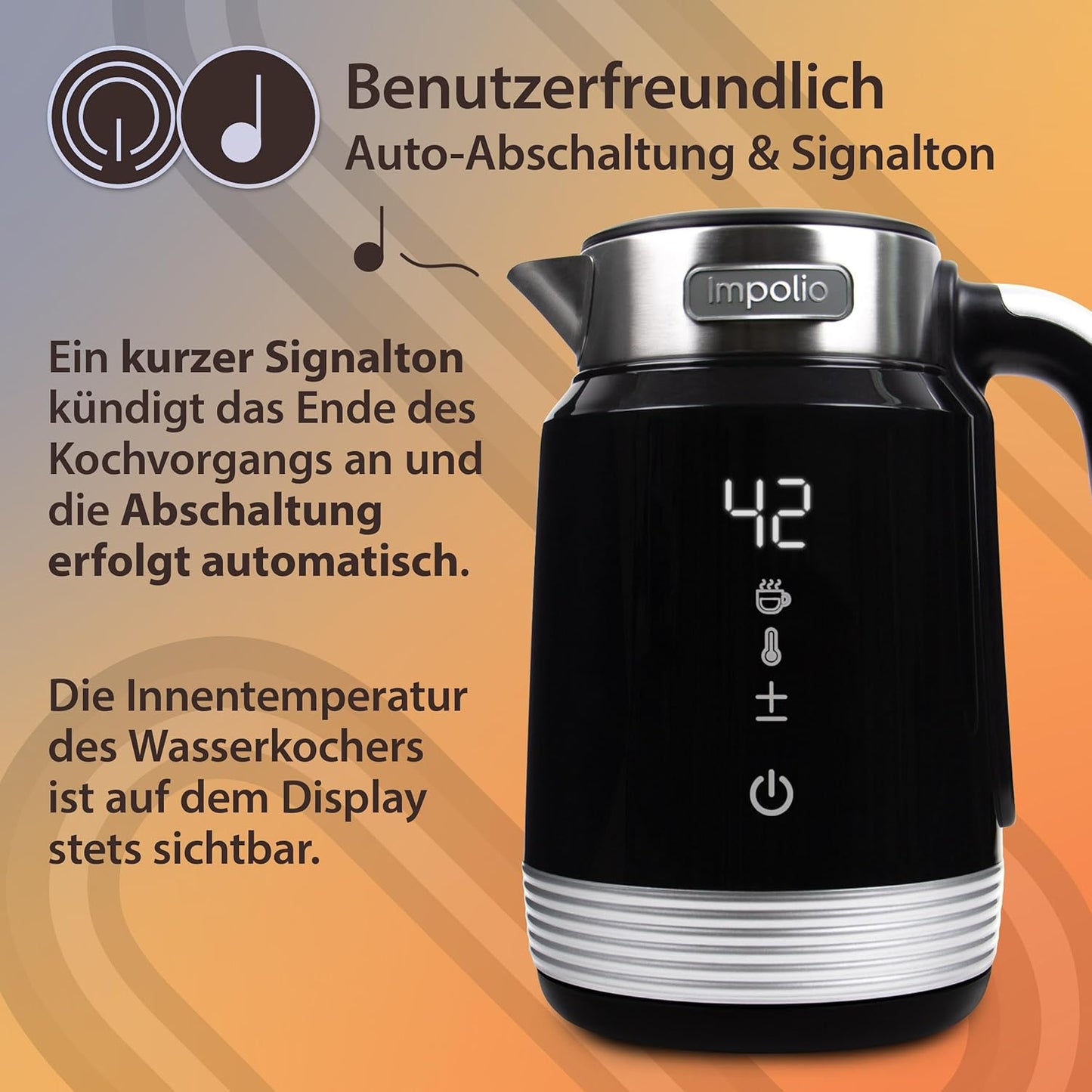 Retro Novo Wasserkocher Doppelwandig Edelstahl 1.7 Liter, 2200W, Schwarz-Silber
