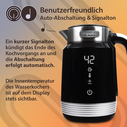 Retro Novo Wasserkocher Doppelwandig Edelstahl 1.7 Liter, 2200W, Schwarz-Silber