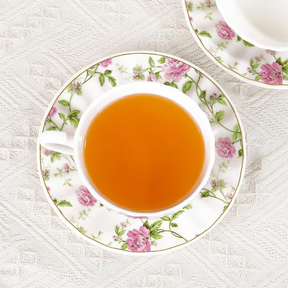 Teetassen Set 2er – Vintage Floral Blumen Porzellan Tassen & Untertassen mit Löffel, 200 ml