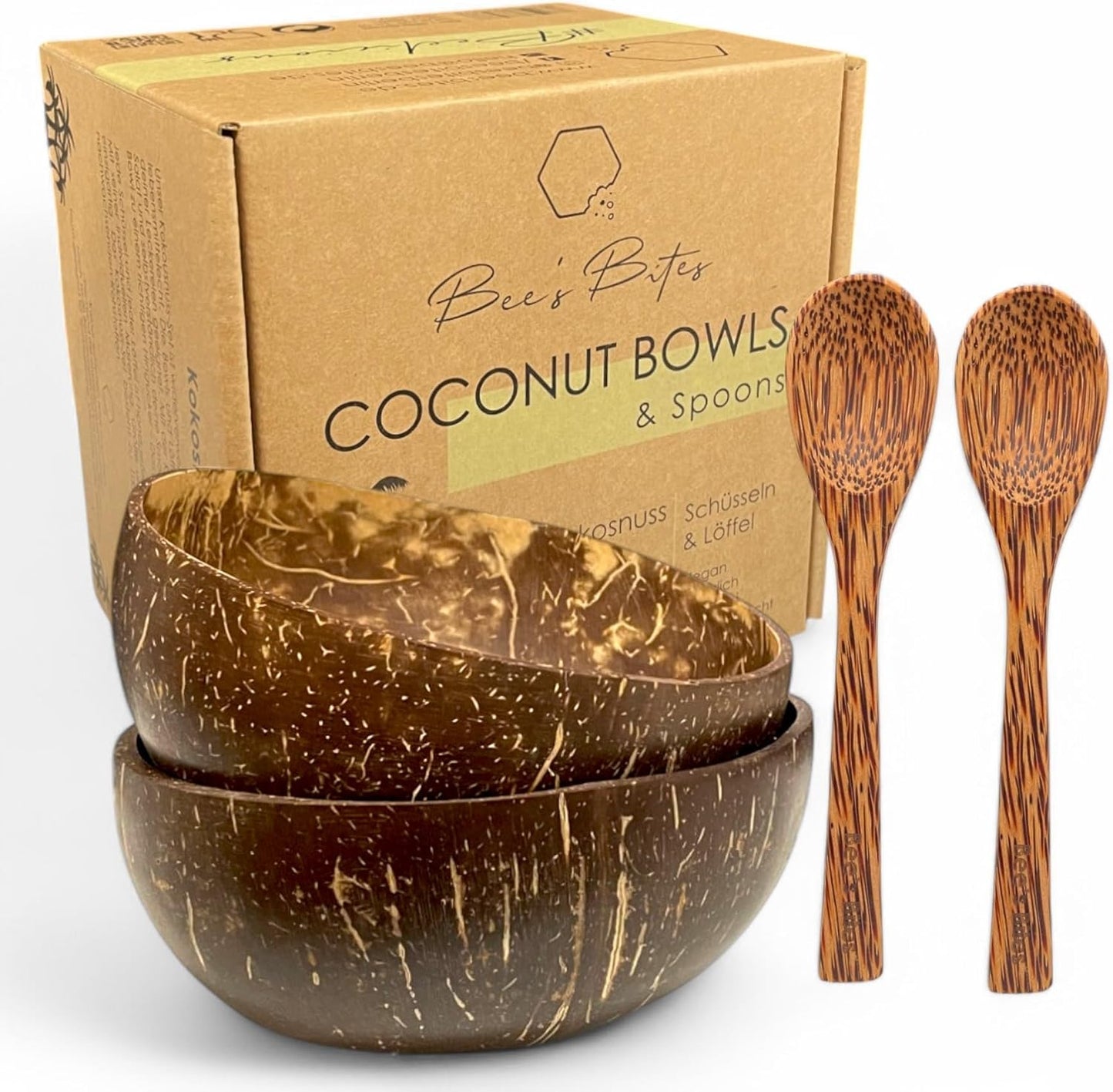 Bee´s Bites Kokosnuss Schalen Set – 2x Kokos-Bowl Schüssel + 2x Löffel – Handgefertigt, Vegan, Natürlich, Chemiefrei, Plastikfrei – Perfekt für Smoothie Bowls.