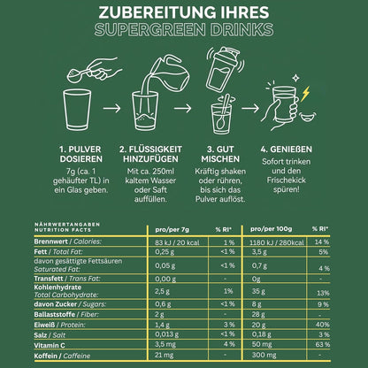 Bio Superfood Pulver Grün – Supergreen mit Matcha, Gerstengras, Weizengras, Moringa, Chlorella & Spirulina – Ballaststoffreich – Vegan, ohne Zuckerzusatz – 100 g