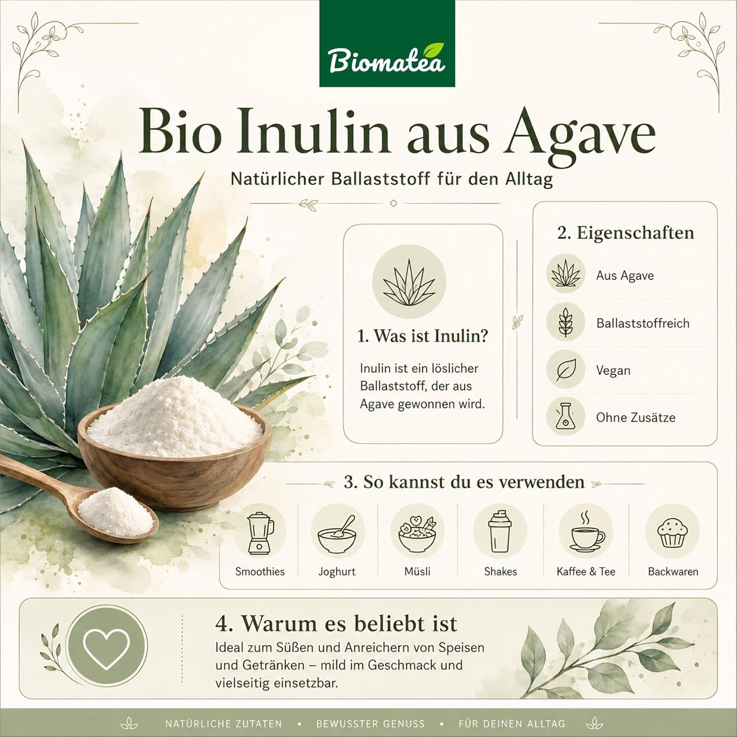 Bio Inulin Pulver aus Agave 180g – Ballaststoffreiches Inulin Pulver, vegan, ohne Zusätze, fein lösl, 180gich