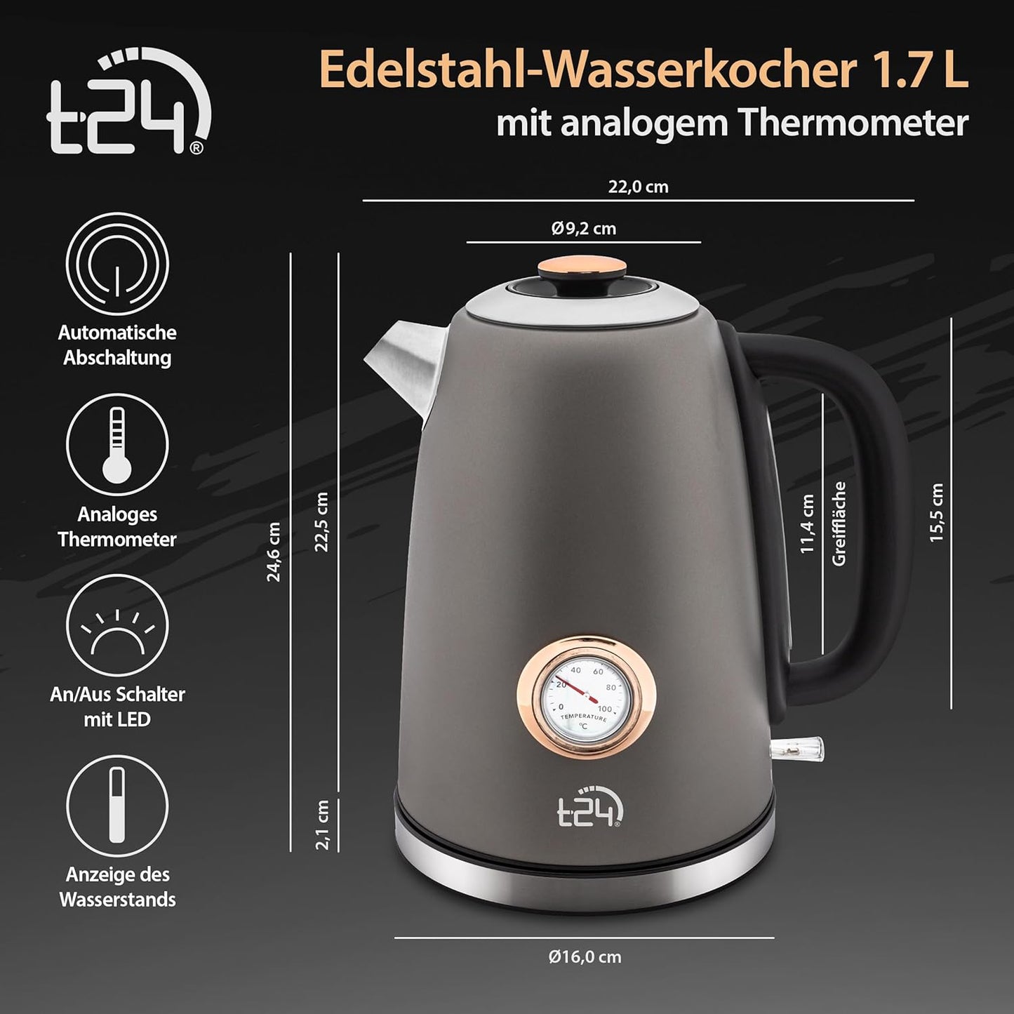 Edelstahl Retro Wasserkocher Vintage Design in Grau Matt mit Analogen Thermometer, 1,7 Liter