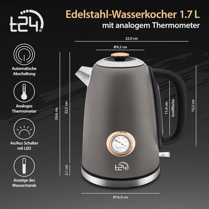 Edelstahl Retro Wasserkocher Vintage Design in Grau Matt mit Analogen Thermometer, 1,7 Liter